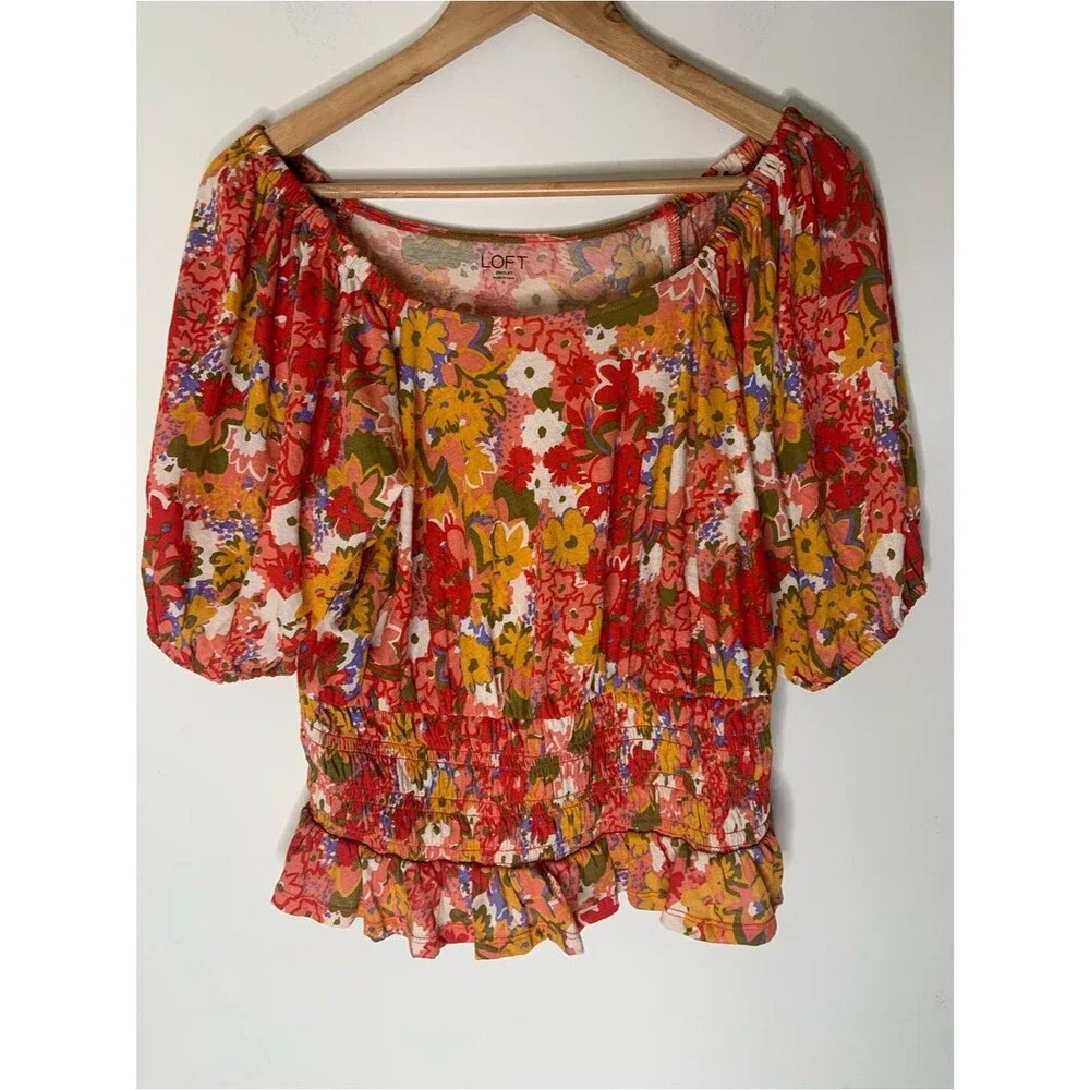 LOFT Red Multi Floral Cotton Puff Sleeve Smocked Waist Blouse S Spring